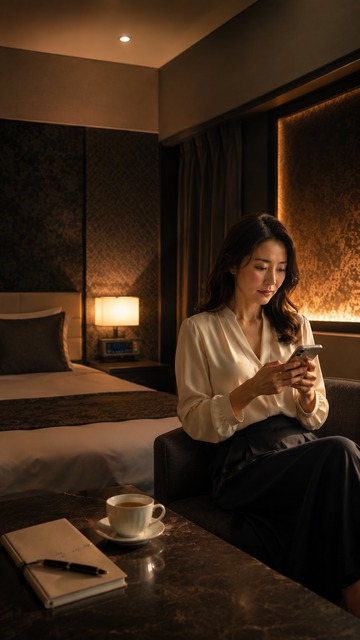 スマートフォンを見ながら、静かに自分の気持ちを考える成人女性
