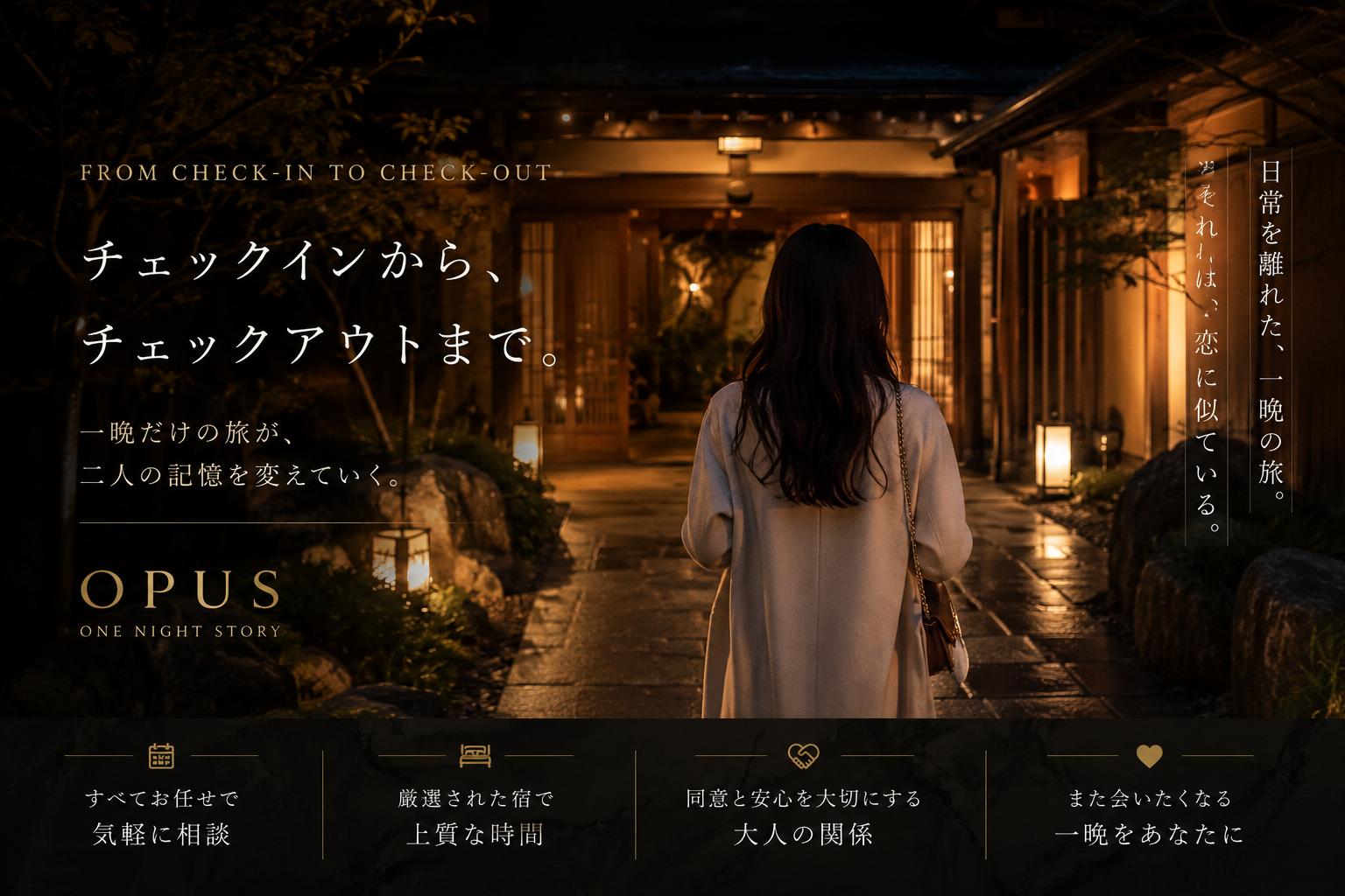 夜の高級旅館へ向かう女性。チェックインからチェックアウトまでの一泊体験を象徴するメインビジュアル。