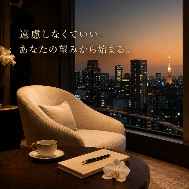 東京の高級ホテルで女性のために整えられたプライベートな時間を表現するラグジュアリーなホテルラウンジ