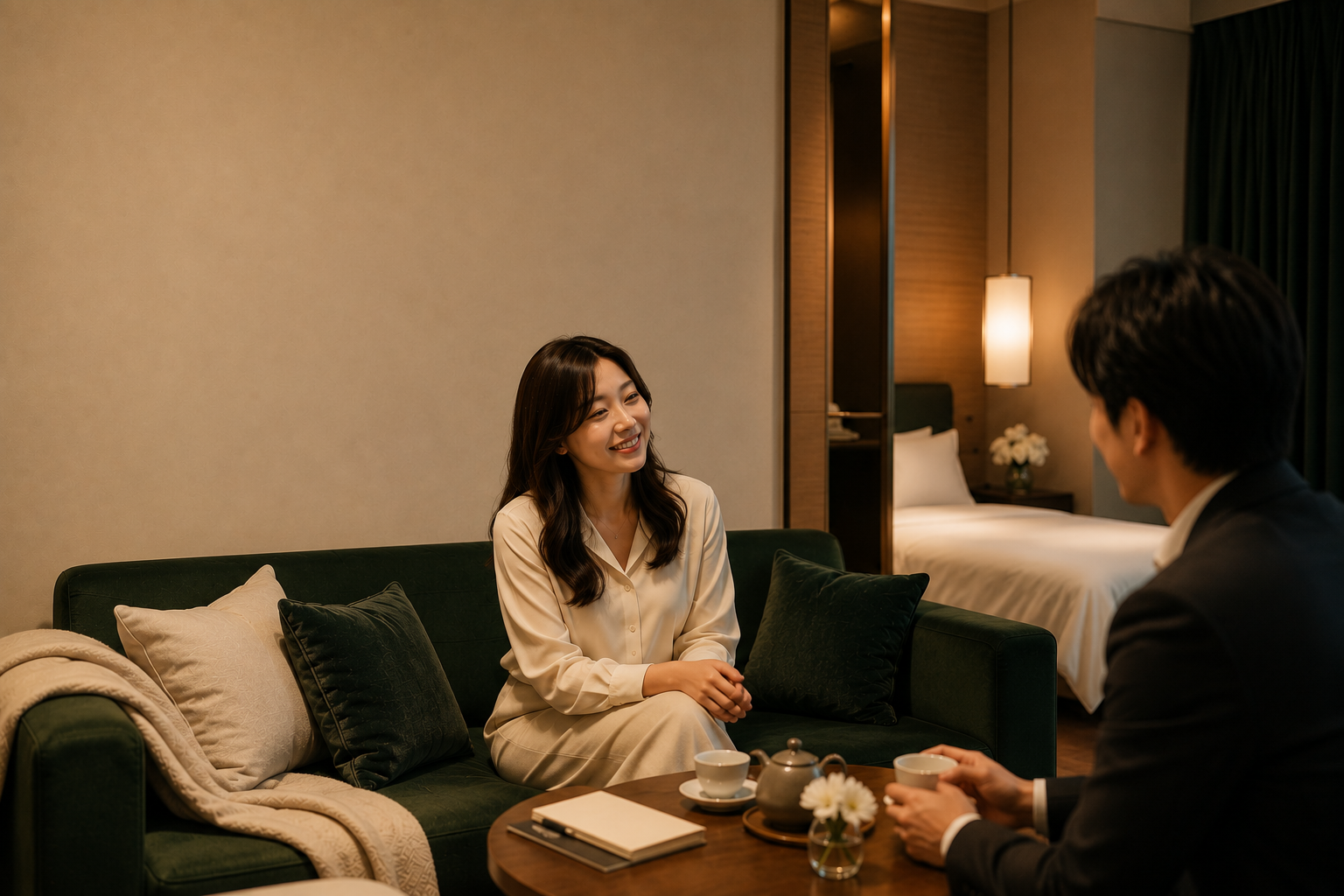 ホテルで会話をする男女