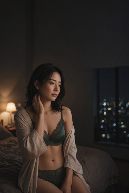 夜の静かな寝室で自分の欲求に向き合う30代女性