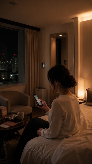 ホテル客室でスマートフォンを見つめる女性