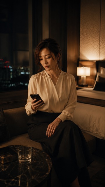 ホテルの客室でスマートフォンを見つめながら予約を考える成人女性