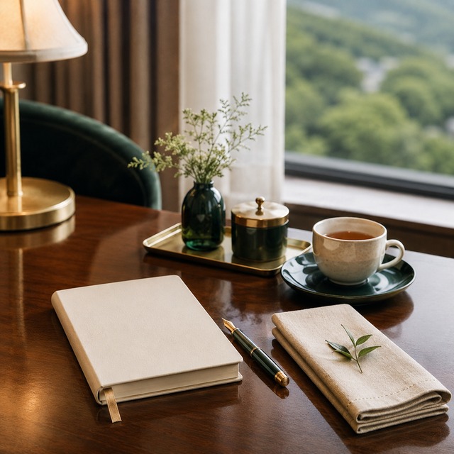 依頼される前から温かいお茶とナプキンが用意されたホテルラウンジのテーブル