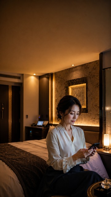 ホテルで静かにスマートフォンを見つめる女性