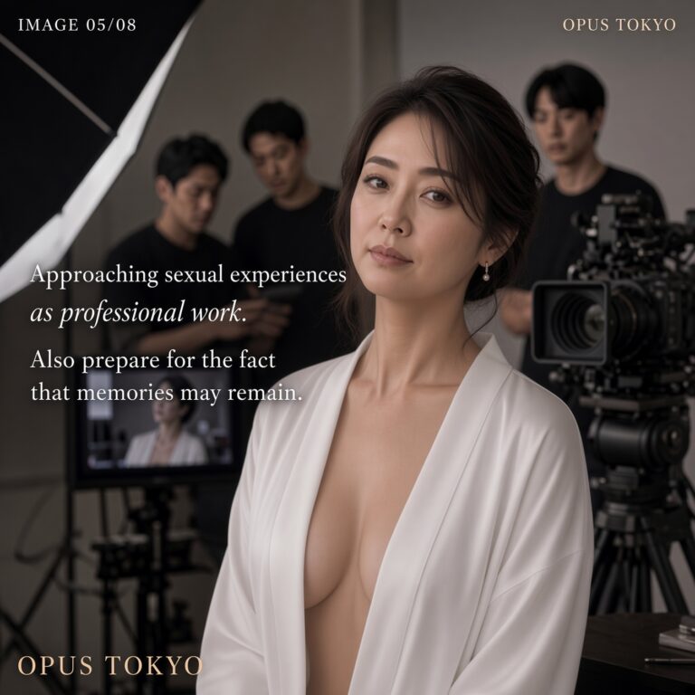 Woman at a professional adult video production set considering sexual experience as professional work