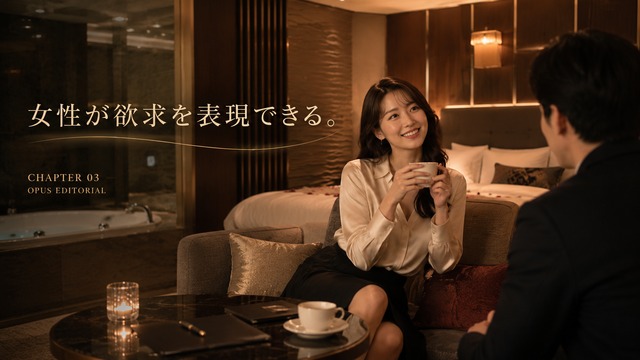 ラブホテルの客室で穏やかに会話を楽しみ、自分の望みを伝える女性