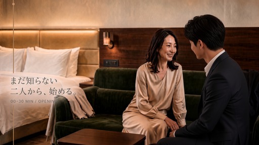 初めて会った男性とホテルのソファで会話を始める大人の日本人女性