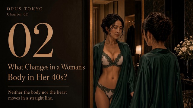 Japanese woman looking in a mirror and reflecting on changes in her body in her 40s｜OPUS TOKYO Chapter 02