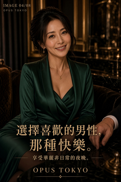 穿著深綠色洋裝的成熟女性與男性共度優雅夜晚