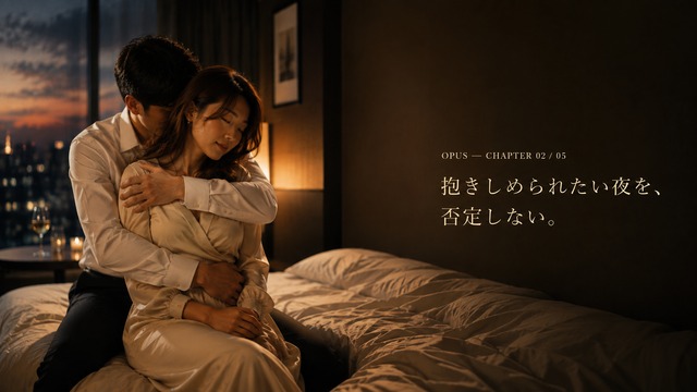 夜のホテルで、男性キャストに後ろから優しく抱きしめられる女性