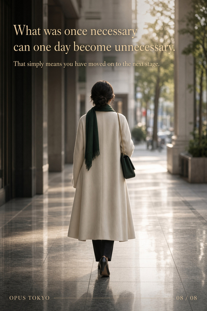 A mature woman in a long ivory coat walking away through a sunlit city street