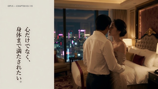 夜景を望むホテルで、男性キャストと親密に向き合う女性