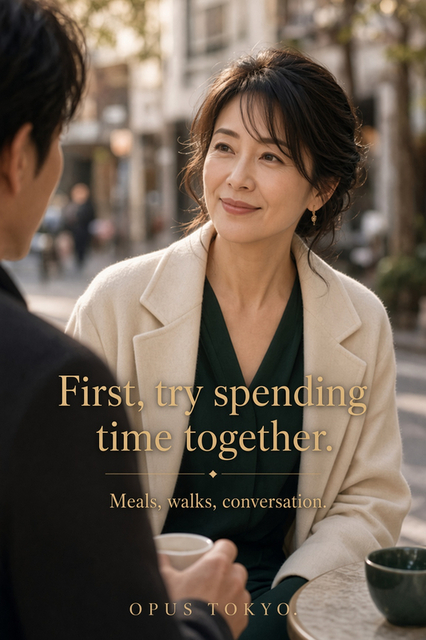 A mature woman enjoying a relaxed conversation with a man at an outdoor café