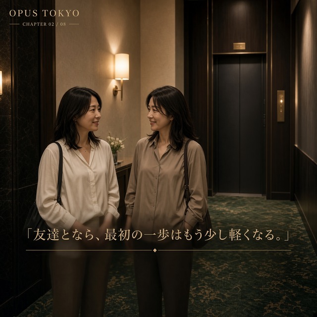 ホテルのエレベーターホールで微笑み合う女性2人|友達と利用する女風 CHAPTER 02