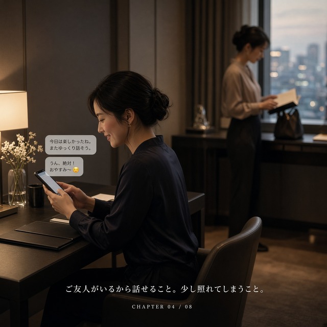 A woman checking her smartphone in a hotel while her friend spends time apart | Two-person booking privacy, CHAPTER 04