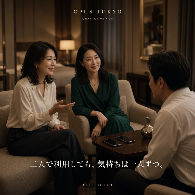 Two women discussing their preferences with a male cast member at a hotel before their booking | OPUS Two-Person Bookings CHAPTER 05