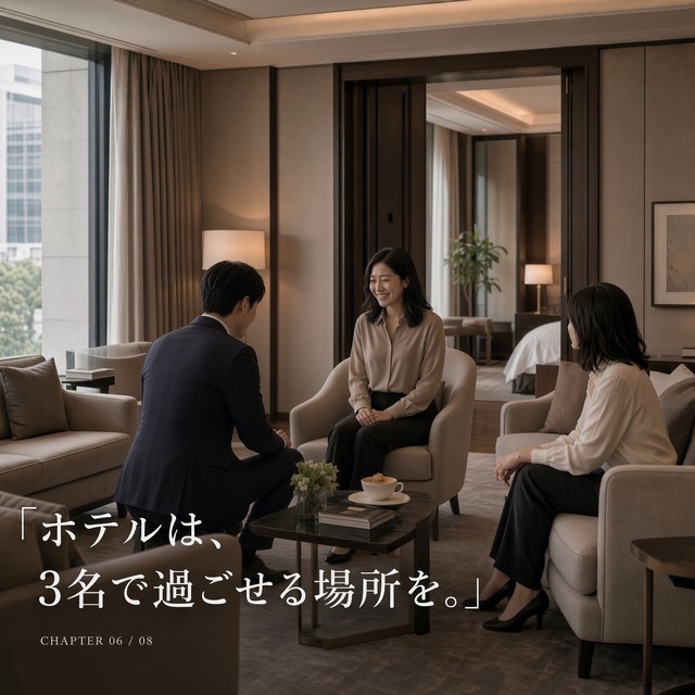 ホテル客室で女性2名と男性キャスト1名が過ごすOPUSの2名利用プラン