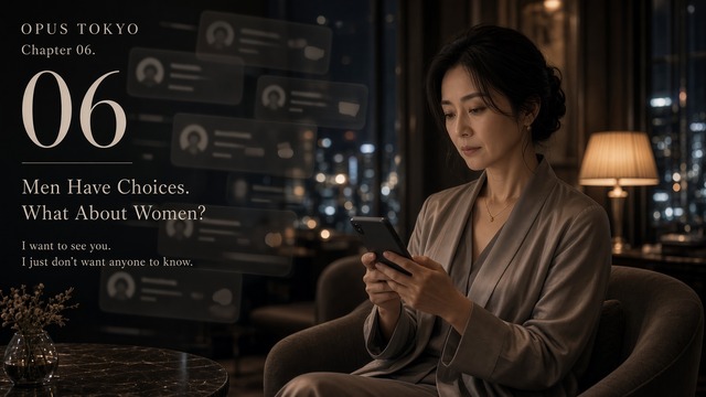 Japanese woman in her 40s using her phone while considering privacy and personal choice｜OPUS TOKYO Chapter 06