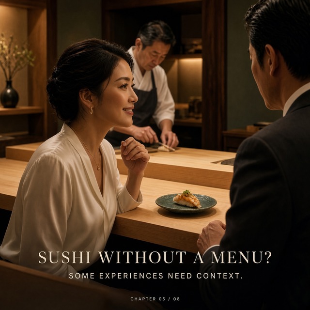 International woman at a refined Tokyo sushi counter with a discreet Japanese male Companion | OPUS TOKYO Chapter 5