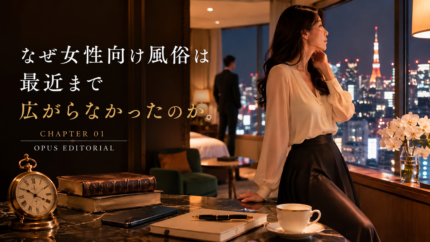 A woman in a hotel overlooking the Tokyo skyline reflects on social change and the history of sexual services for women