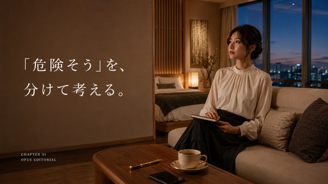 ラブホテルの客室でノートを手に女性向け風俗の安全性について静かに考える女性