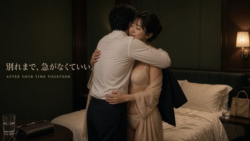 ホテルで過ごした時間の終わりに男性と別れを惜しんで抱き合うランジェリー姿の大人の日本人女性