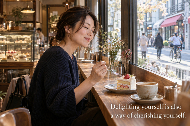 Adult woman enjoying cake and coffee by herself at a Tokyo cafe