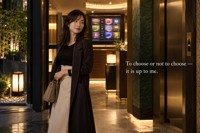 Adult woman pausing at the entrance of a contemporary Tokyo hotel and making her own choice