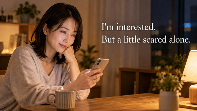 A woman at home looking at her phone with a thoughtful smile