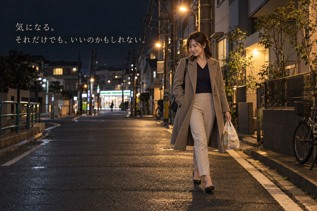 夜の東京を歩きながら自分の気持ちを静かに考える30代女性