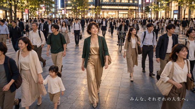 夕暮れの東京でそれぞれの暮らしへ向かう人々の中を歩く40代女性