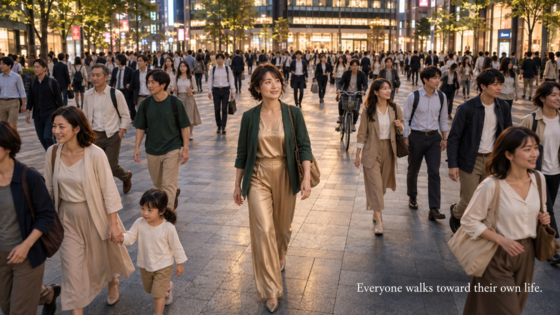 A woman in her forties walking through Tokyo at dusk as people around her head toward their own lives