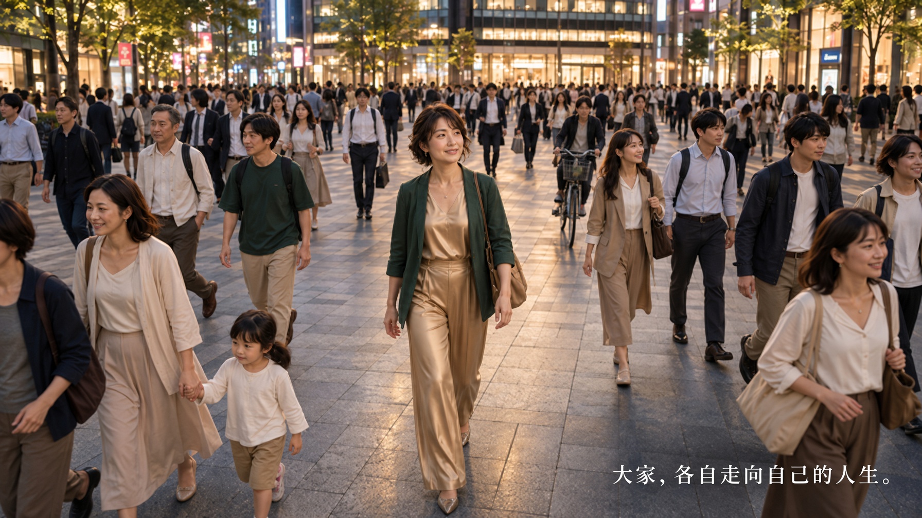 夕陽下的東京街頭,一位40歲左右的女性走在人群之中,每個人都朝著自己的生活前進