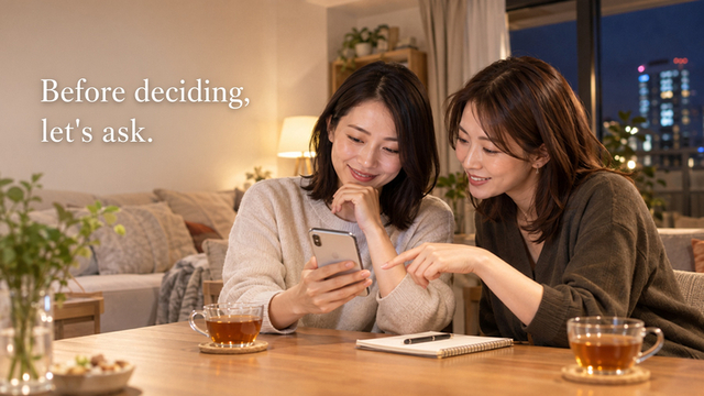 Two women looking at a phone together at a table at home