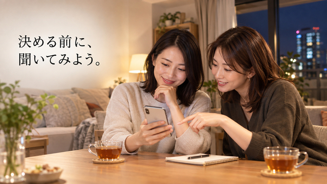 自宅のテーブルでスマートフォンを見ながら相談する女性二人