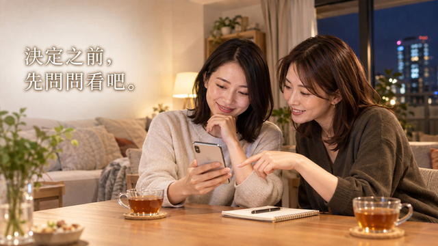 在家中餐桌旁一起看手機、討論事情的兩位女性