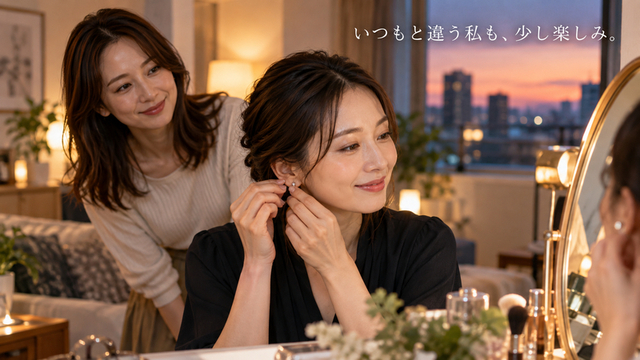 鏡の前でイヤリングを着ける女性と、後ろでほほ笑む友人