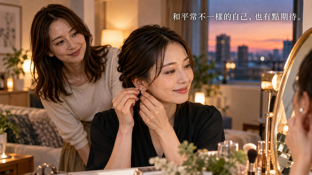 在鏡前戴耳環的女性,以及在身後微笑的朋友