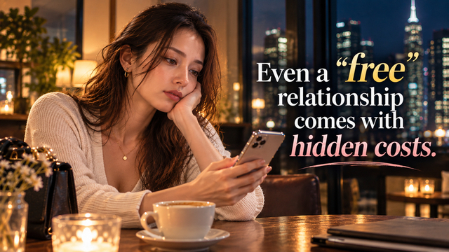 Woman looking at her smartphone in a café at night while reflecting on the time and effort involved in finding a compatible partner
