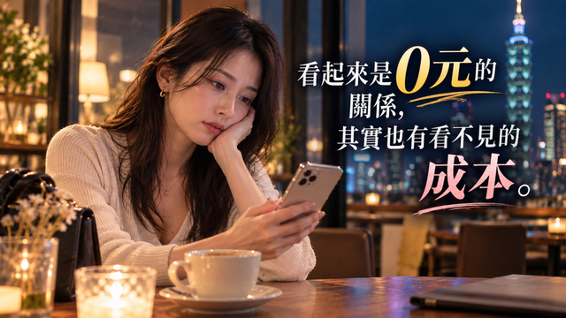 夜晚在咖啡廳看著手機，思考尋找親密對象所花費時間與心力的女性