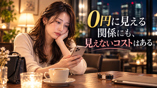 夜のカフェでスマートフォンを見ながら、セフレを探す時間や手間について考える女性
