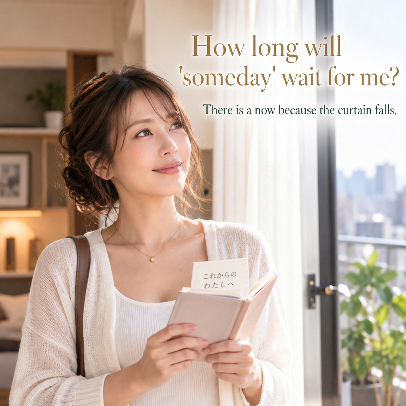 A woman in her forties calmly thinking about her future and how she wants to spend the time ahead