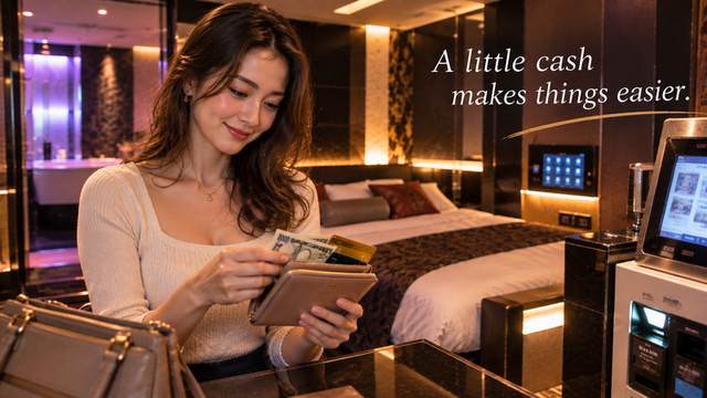 Woman preparing Japanese yen and a credit card inside a Japanese love hotel room