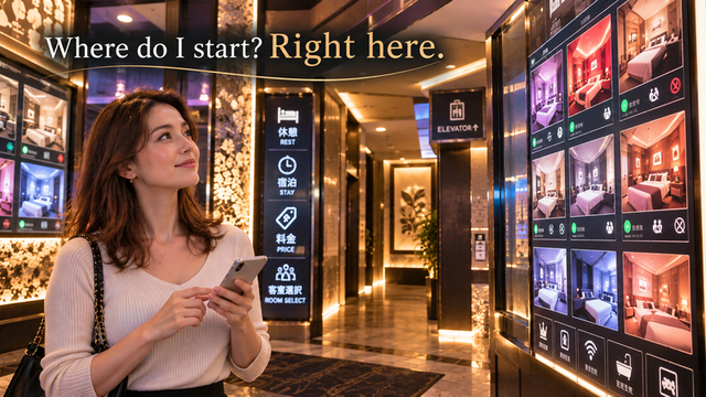Woman viewing a room selection panel inside a Japanese love hotel in Tokyo
