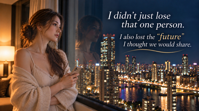 Woman standing by a window overlooking the city at night while quietly reflecting on a relationship that has ended