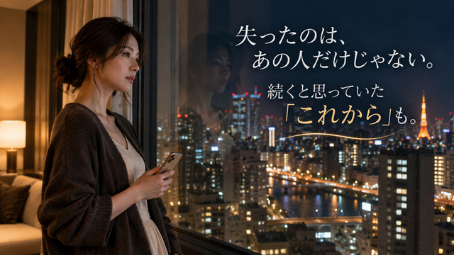 東京の夜景を窓辺から眺めながら、終わった関係と失われた未来を静かに思う女性