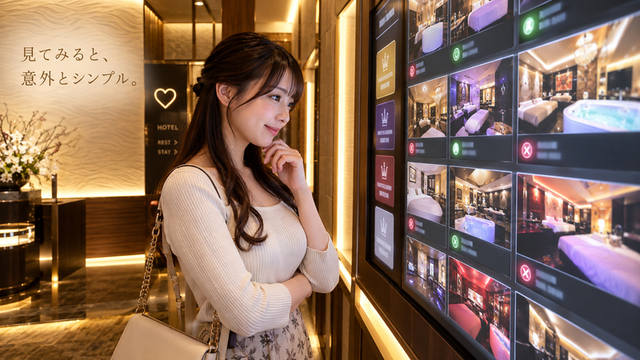 日本のラブホテルで部屋選択パネルと料金を確認する日本人女性