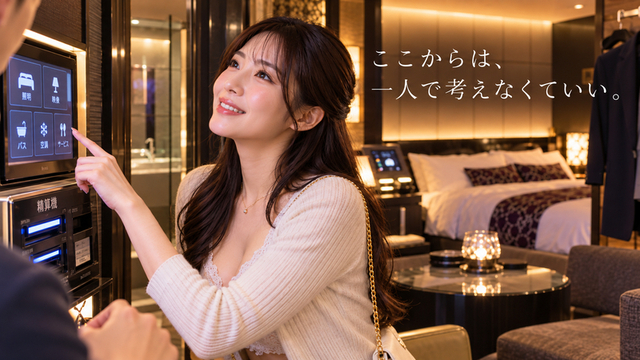 ラブホテルの室内設備をキャストと一緒に確認する日本人女性