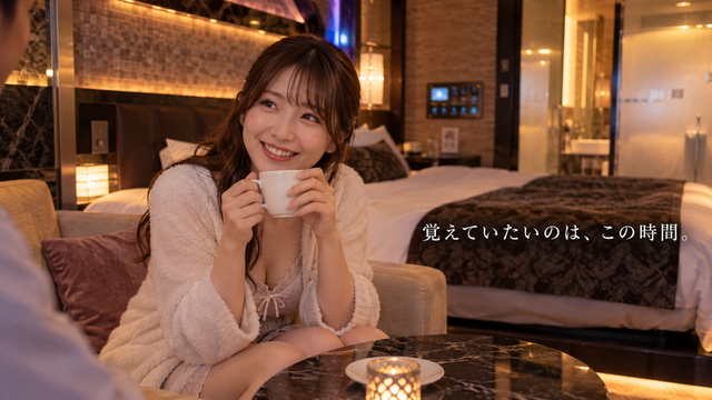 東京のラブホテル客室で会話を楽しみ自然に微笑む日本人女性